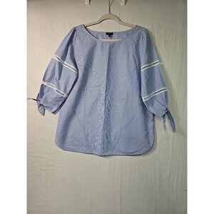 Talbots Cotton Striped Pullover Blouse Blue & White Women's Large Cutouts Ties